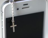 Elegant SILVER CROSS Iphone Earphone Plug/Dust Plug - Cellphone Headphone Handmade Decorations