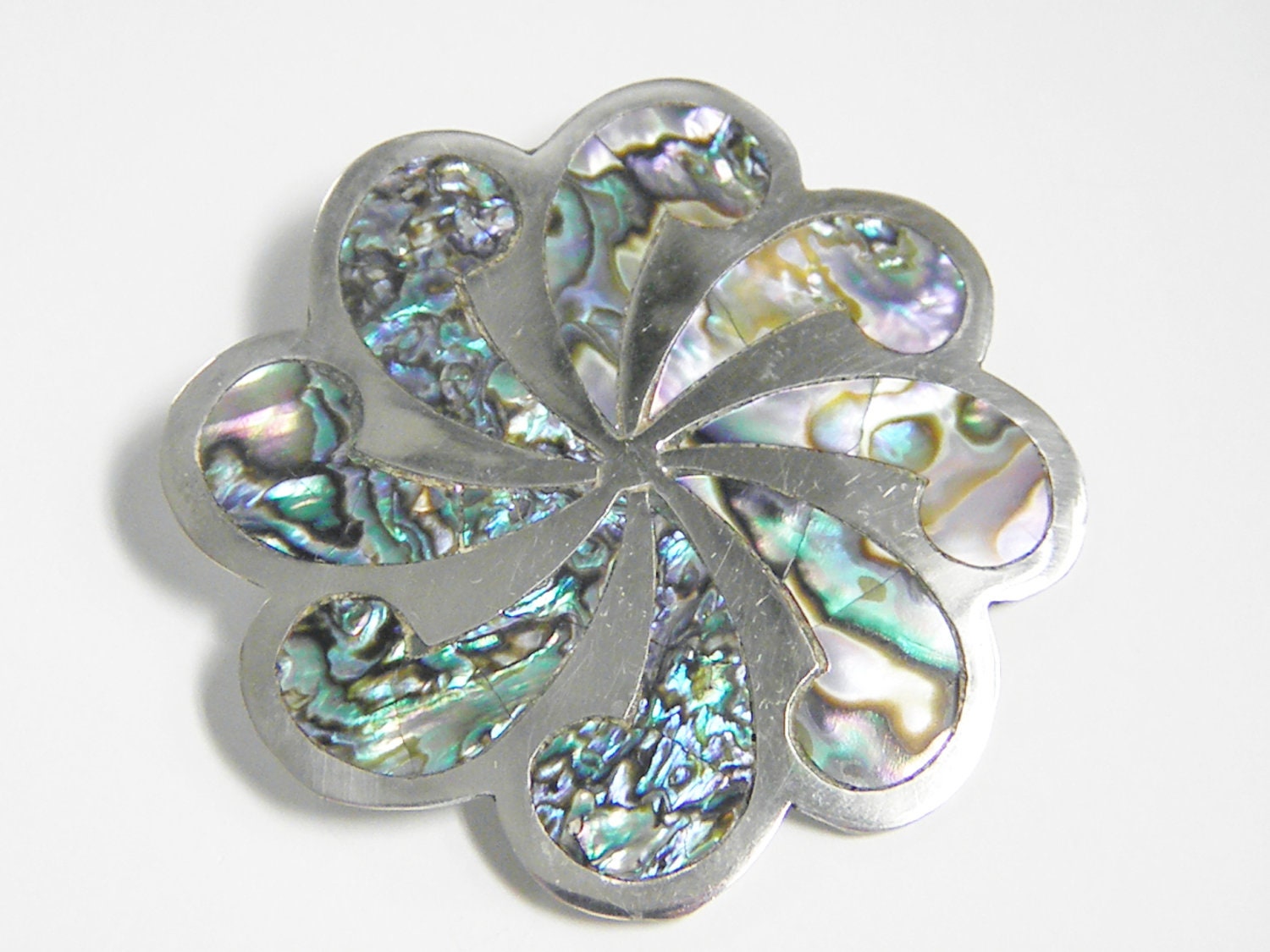 Large Vintage Taxco Sterling Abalone Aztec Brooch 70s