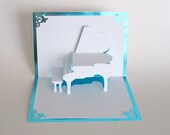 GRAND PIANO 3D Pop Up CARD Origamic Architecture Home Decoration Handmade Handcut in White and Metallic Bright Turquoise One Of A Kind