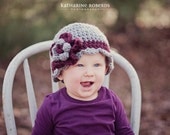 Crochet Baby Girl Hat Grey and Plum with Flower