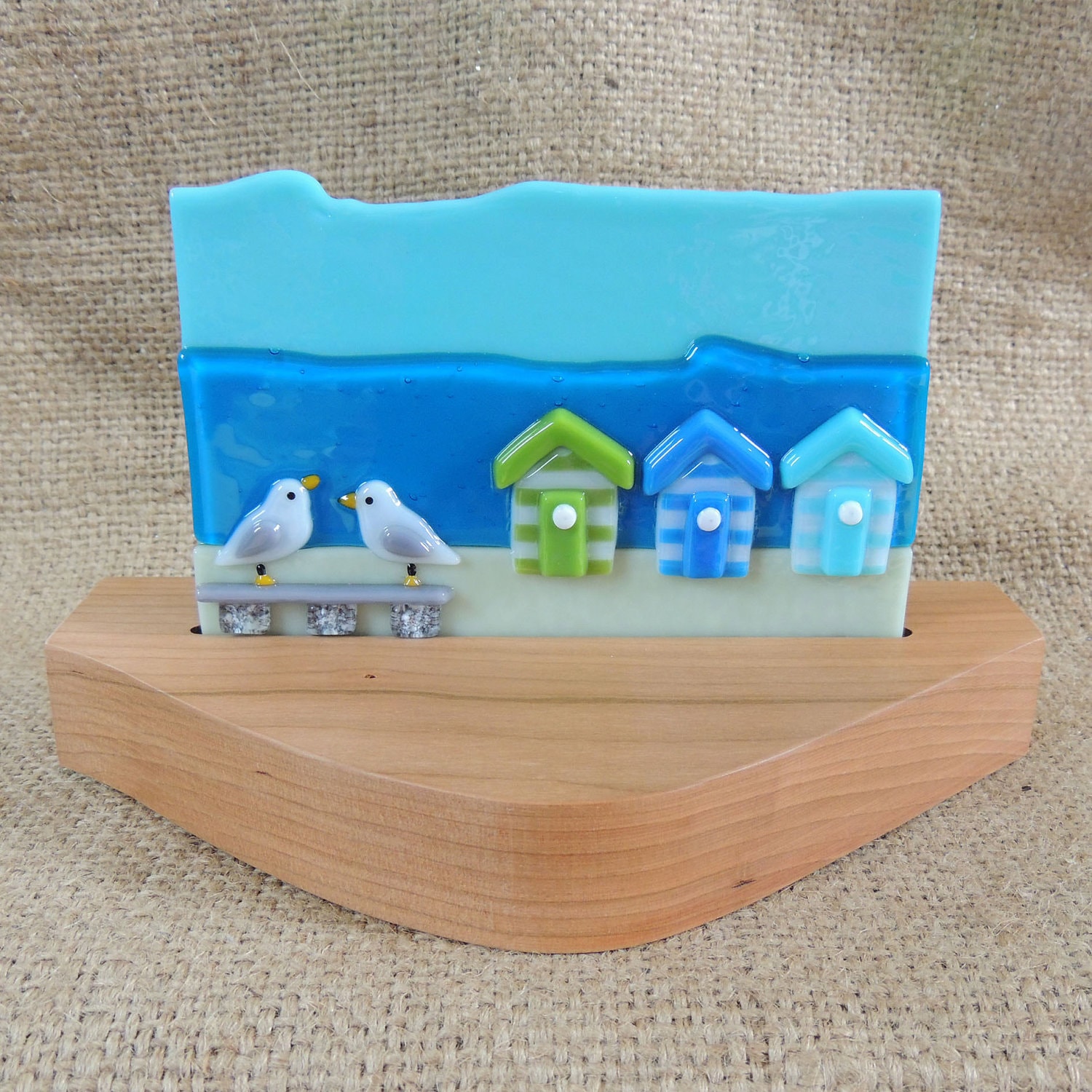 Handmade fused glass wood mounted beach scene by Fusenbeads