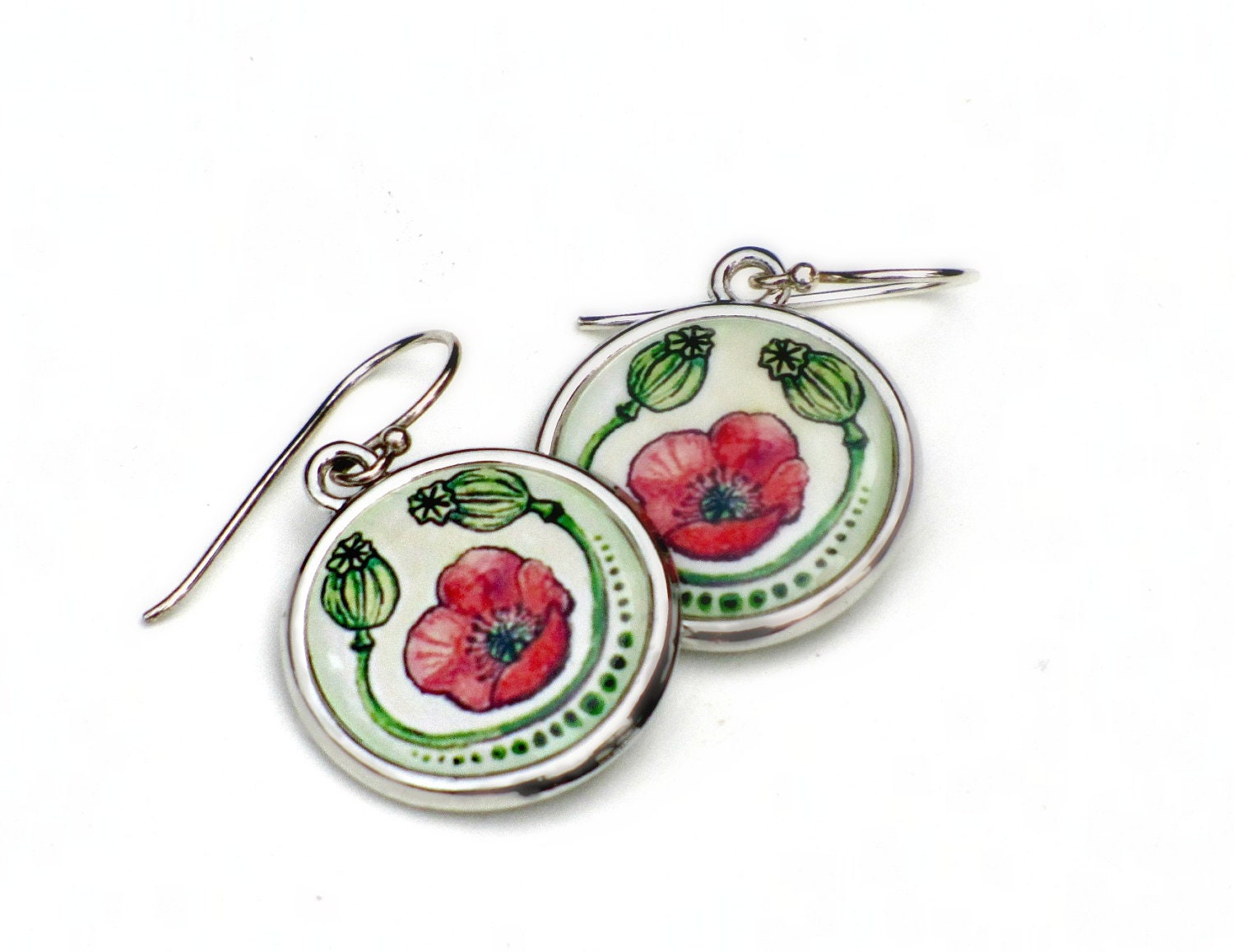 POPPY FLOWER EARRINGS / frida kahlo silver green and red poppy seed floral earrings