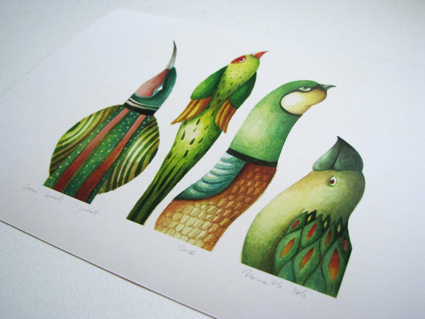 Green birds- Bird print-bird nursery decor- bird art print-watercolor reproduction