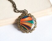 Black and orange pendant necklace, bronze pendant, boho jewelry, bohemian necklace