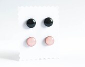 Stud earrings set - Minimalist everyday wear jewelry - Peach and black stud earrings simple tiny ear studs