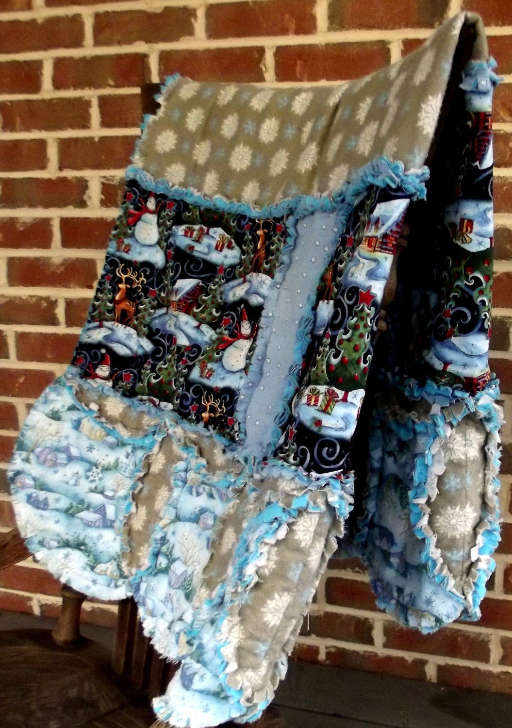 Christmas rag quilt, winter lap quilt, blue and grey