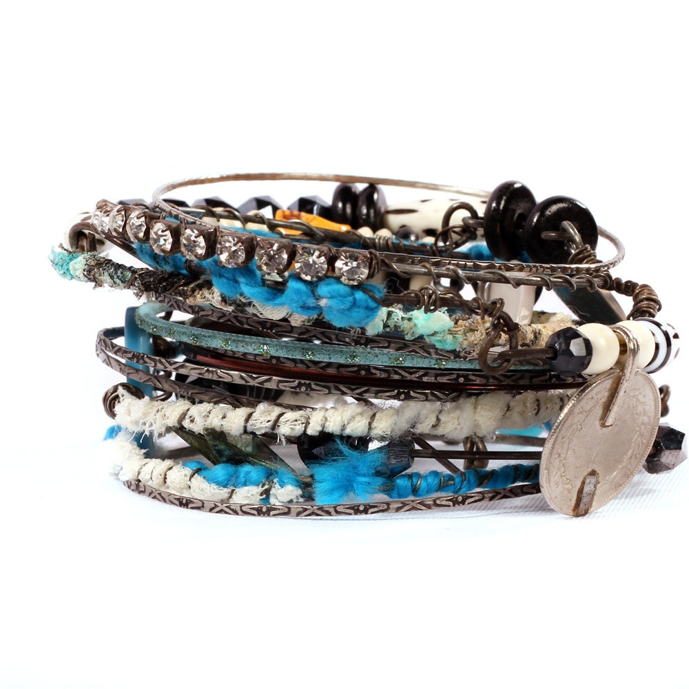 Gypsy Bangle Stack Bracelets- Blue Green Mermaid colors,  Tribal Belly Dance, Summer festivals Bohemian patina Bone beads
