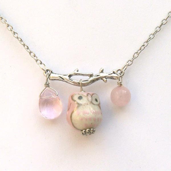 Silver Leaf  Jade Quartz  Porcelain Owl Necklace