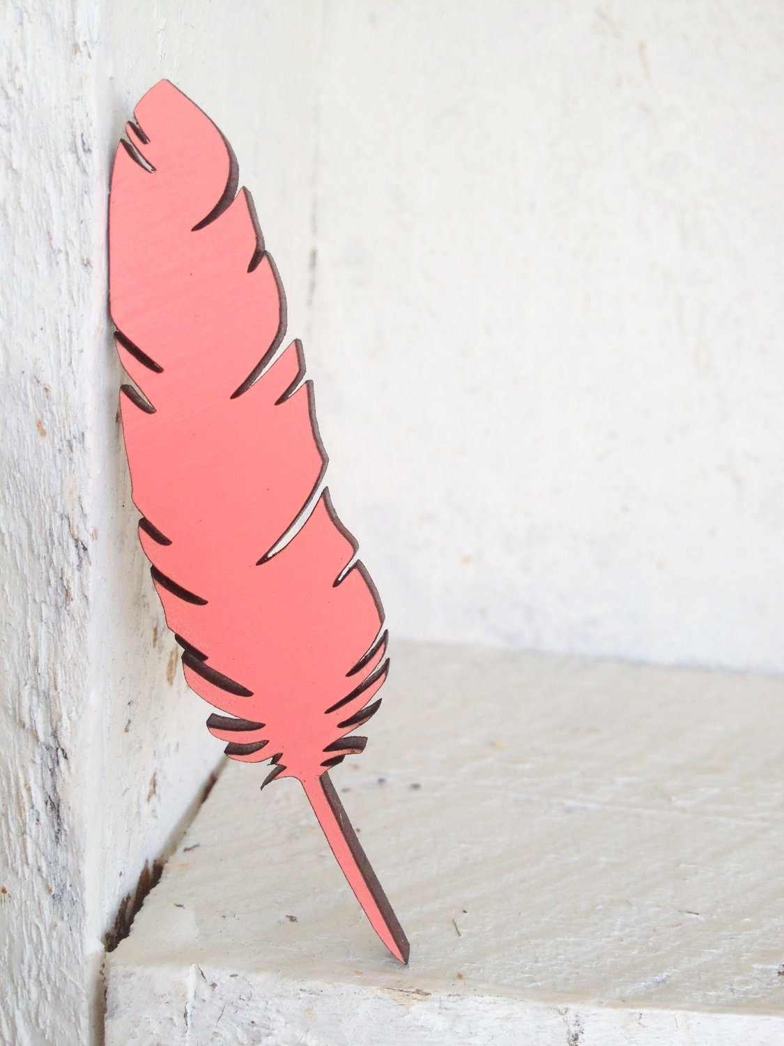 Summer Love Feather Brooch - Hand Painted Wooden Laser Cut - Watermelon Dusty Pink