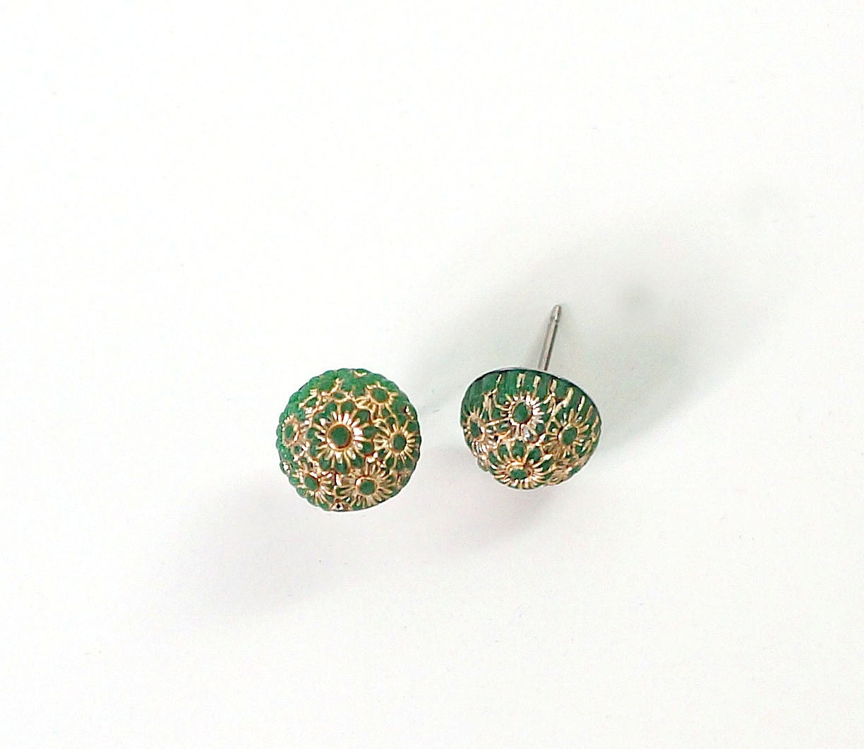 Oriental Green and Gold Patina Stud Earrings