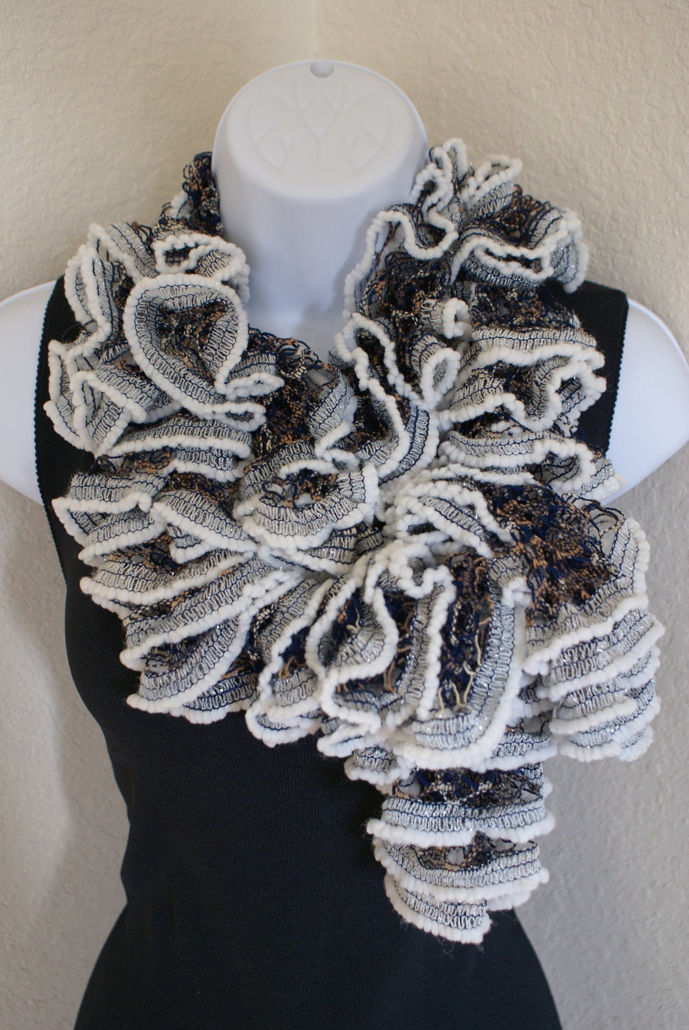 Ruffle lace soft scarf hand knit navy white silver gold shiny