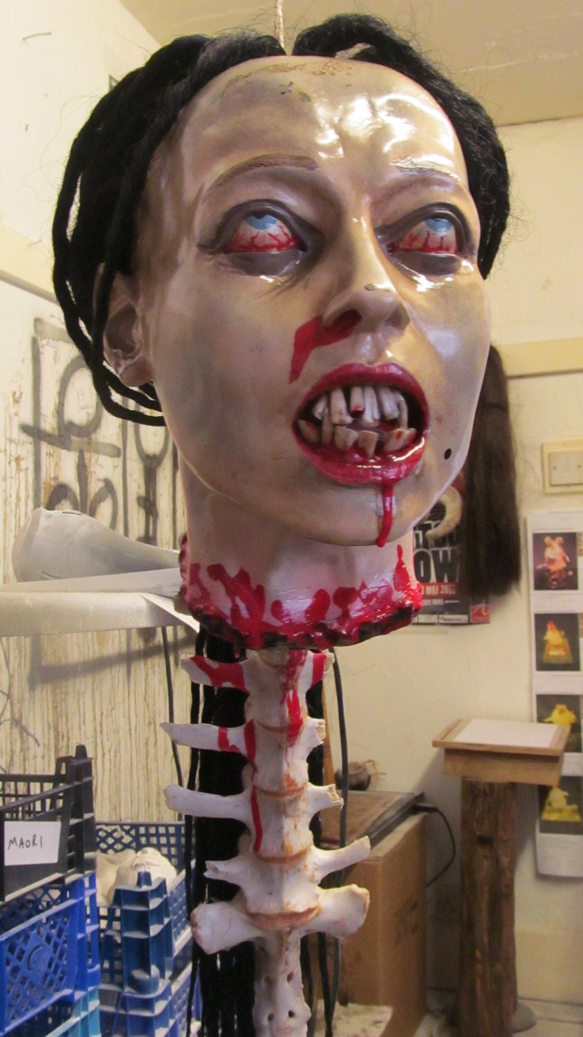 Severed Human Head True Scale Pigs Teeth Sheep Spine Dread Locks Horror Prop UK