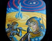 Sharp Toffee Space Rocket Astronauts Moon Mars Landing Tin