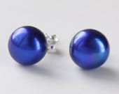 royal blue, cobalt blue 8-9mm freshwater pearl sterling silver stud earrings post earrings