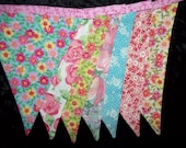 vintage banner Pink shabby chic pennant bunting Paris Birthday party cottage photo prop rose floral decoration baby shower 7 large 6 ft