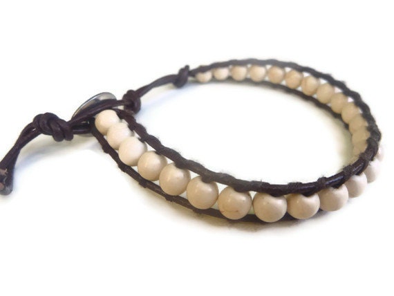 Chan luu inspired beaded leather wrap bracelet .Wrap bracelet.Natural Ivory Turquoise Stone on  Real Leather Cord.