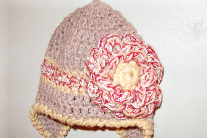 Crocheted Girl's earflap flower hat, made to order, infant, baby, toddler, adult, made to order