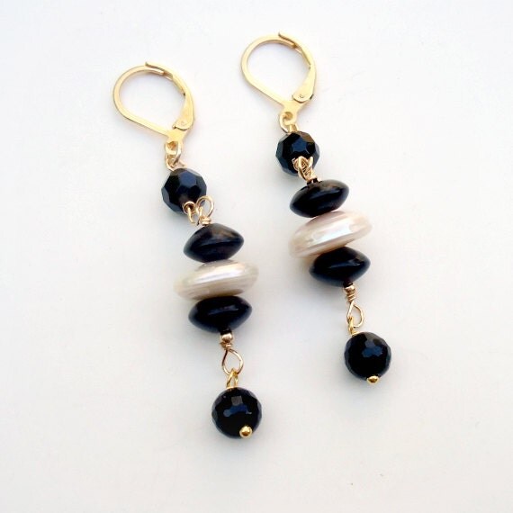 Pearl Earrings Black Onyx Jewelry Pearl Gold Jewellery Gemstone Freshwater Pearls Wire Wrapped White Yellow Gold Filled Earrings ER-189