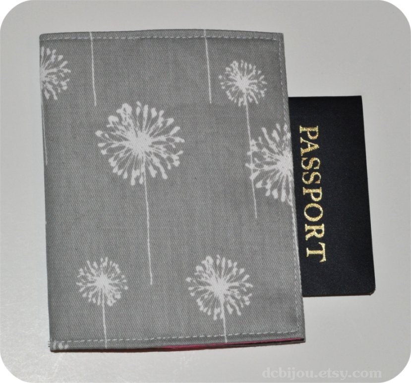 Handmade Fabric Passport Cover. Grey and White Dandelions. Select Your Lining Color. Made to Order.