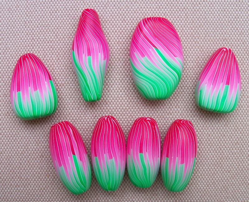 Polymer Clay Beads, Handmade, set of eight, red and green, Watermelon Blossoms