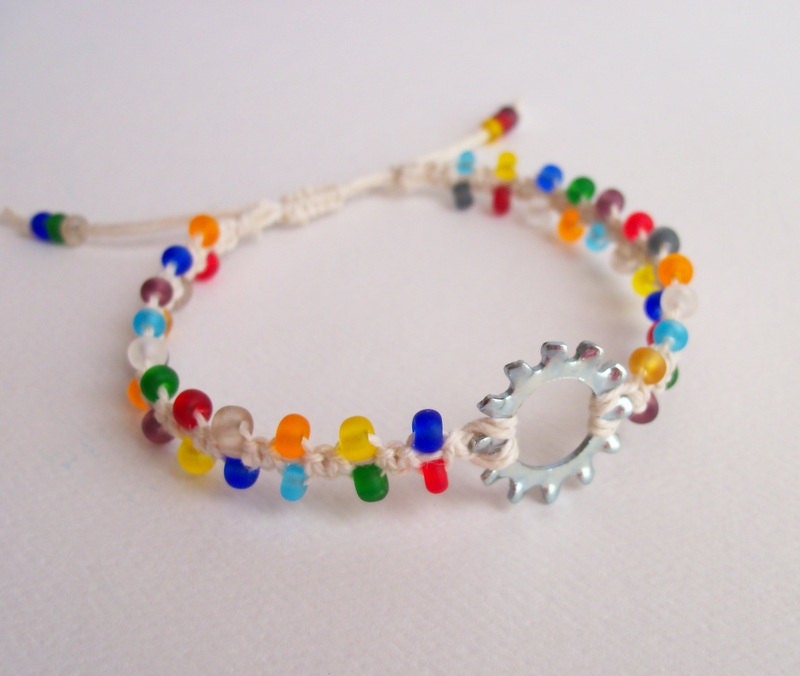 Rainbow Beaded Macrame Hemp Bracelet, adjustable size, steel washer