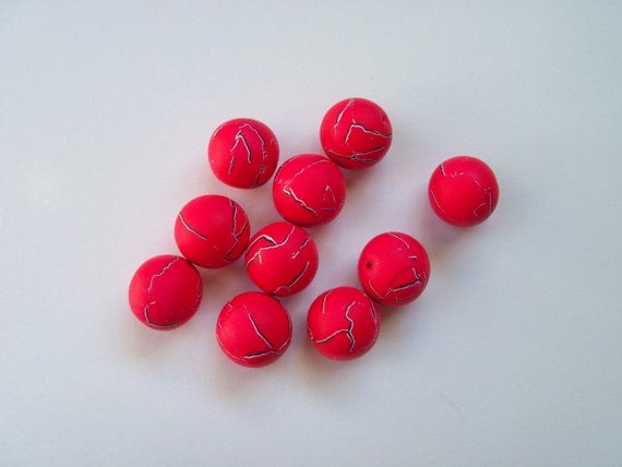 Red Handmade Polymer Clay Beads, 14 mm, set of 10, torn paper