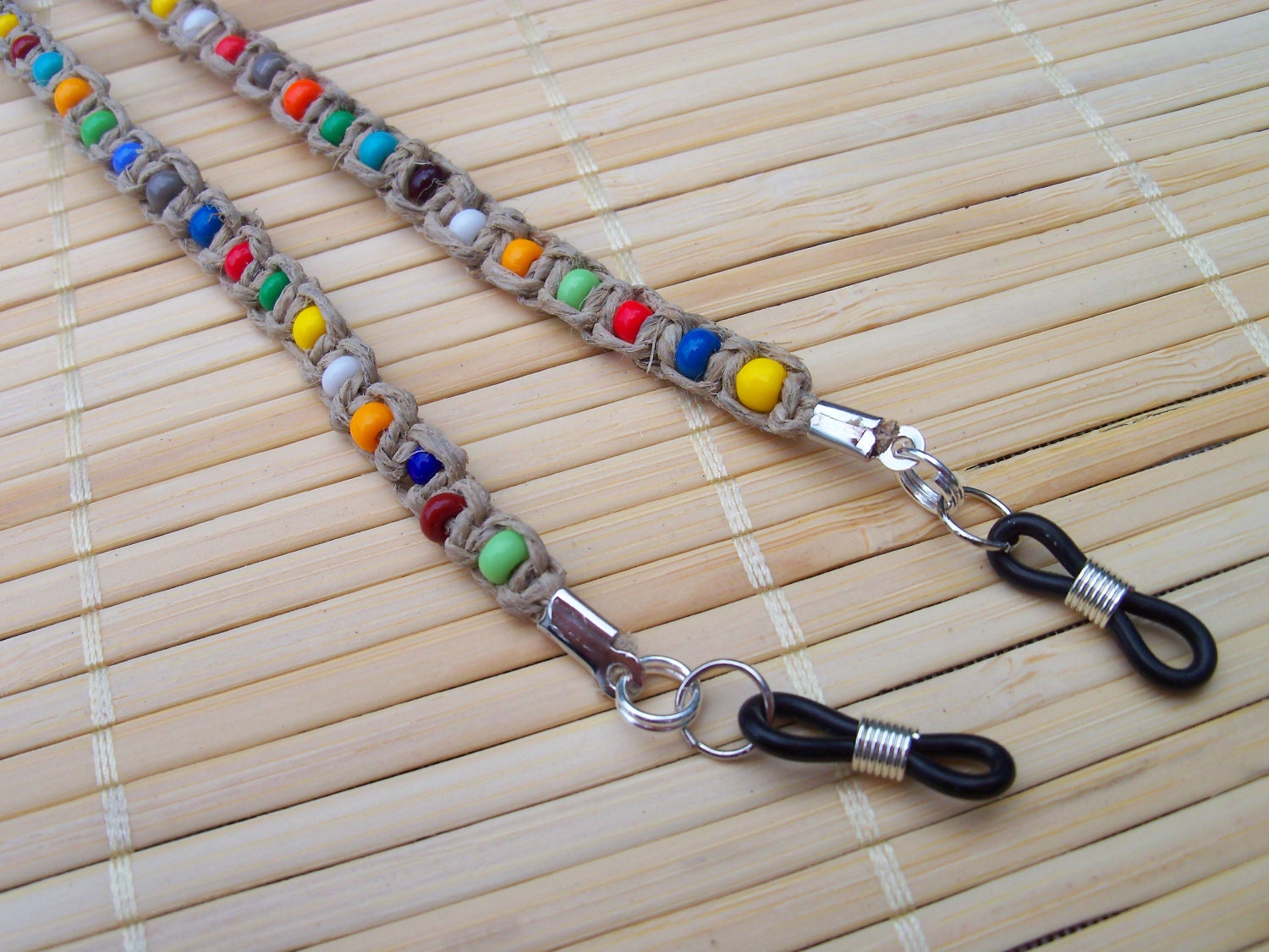 Hemp and Bead Eyeglass Chain, Macrame, rainbow hues
