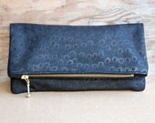 Small Black Spotted Lamb Leather Bag.  Foldover Clutch.