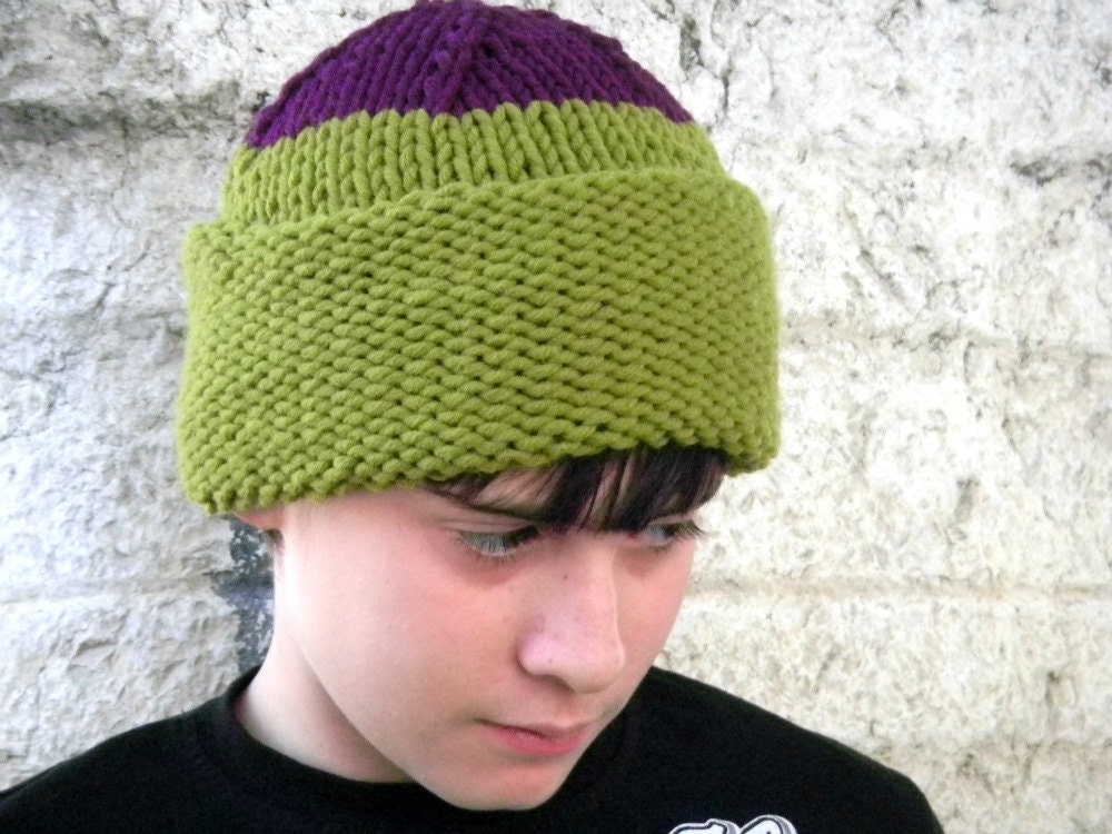 Hand Knit Hat in Olive Green and Purple