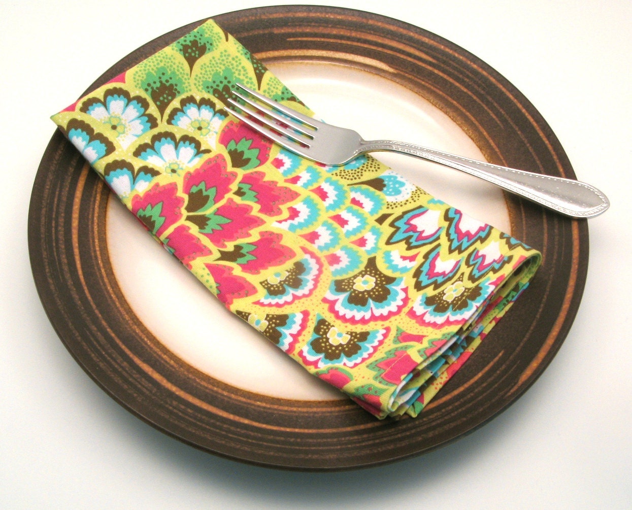 Amy Butler Cloth Napkins, Lime and Pink, Peacock Feathers, 18 Inch, Set of Four