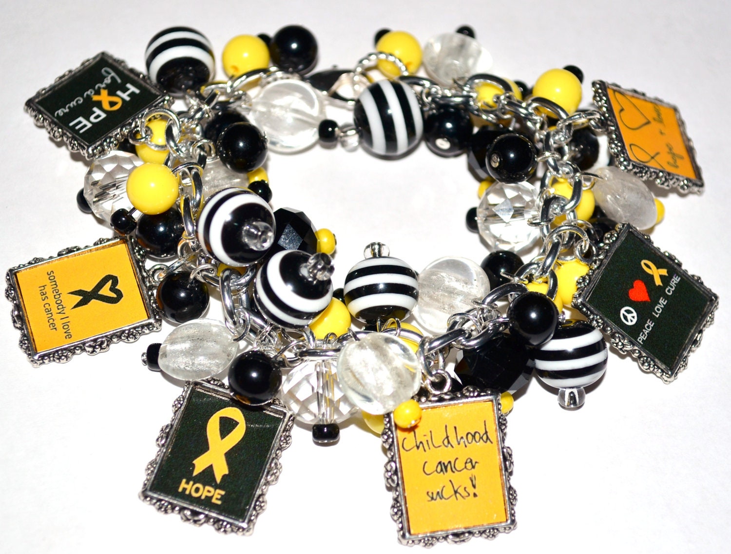 CHILDHOOD CANCER AWARENESS Charm Bracelet Handmade Altered Art Bracelet Free2BDesigns Made To Order Yellow and Black