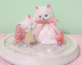 Kitty Kat Snow Dome- Snow Globe- Bottlebrush Trees- Vintage Cloche
