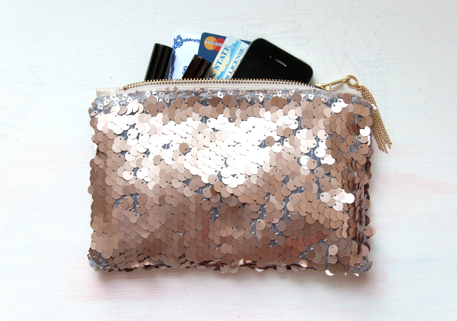 R E S E R V E D For Chelsea R O S E GOLD Sequin Clutch. Neutral Metallic Evening Clutch. Pink Quartz Pouch.