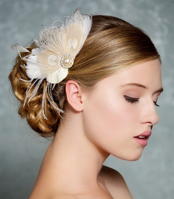 Ivory Bridal Hair Accessories Champagne Peacock Feather Fascinator Wedding Hair Clip Vintage Velvet Leaves - Made to Order - PEGGY