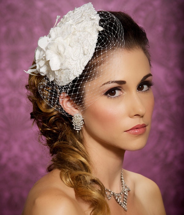 Lace Bridal Hat Bridal Hair accessory, Teardrop Fascinator, birdcage veil, wedding headpiece, cocktail hat - Made to Order - FELINA