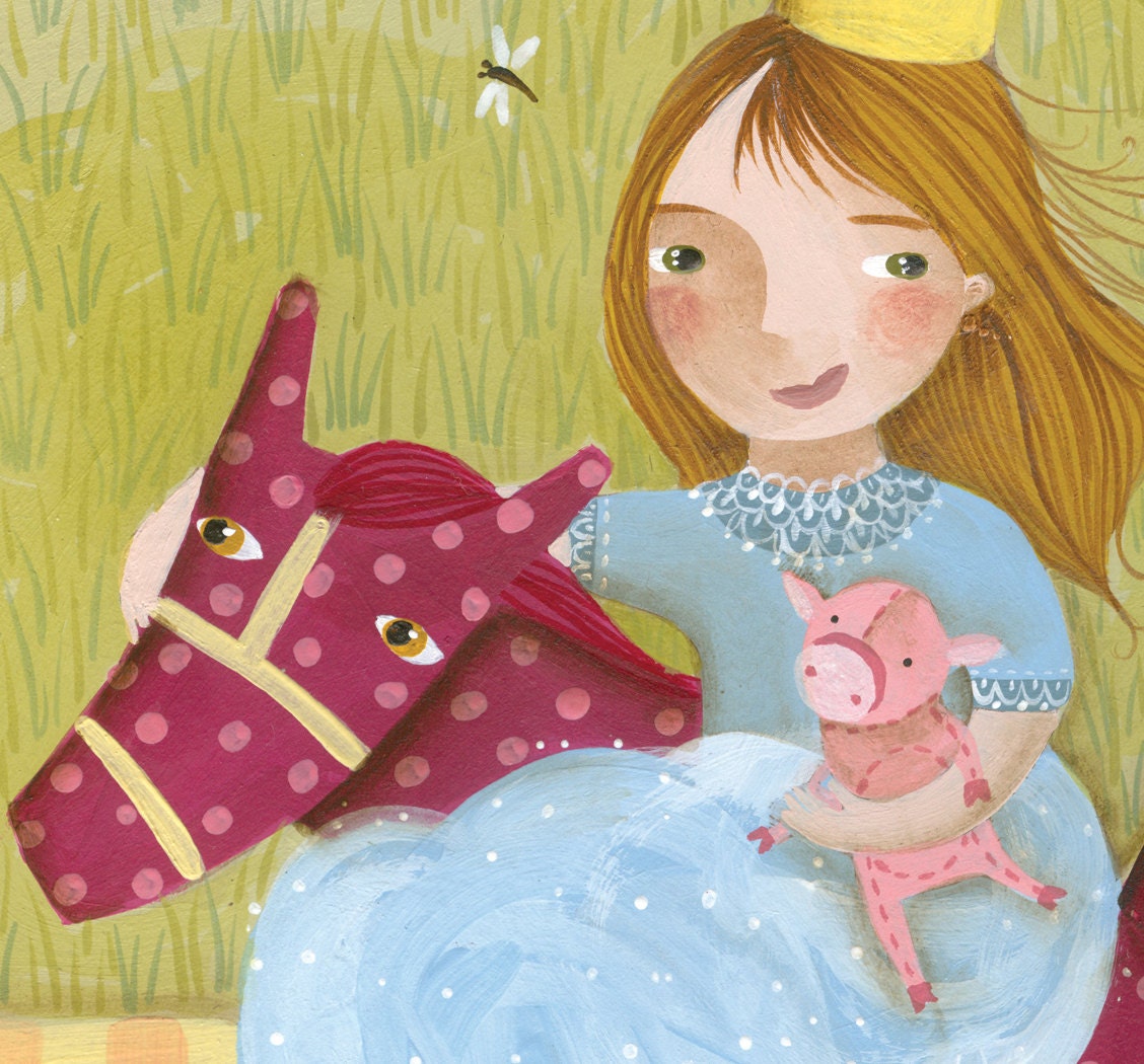 Digital print of a children  illustration painted with acrylics. Girl with rocking horse in the park in a tea party with toys.