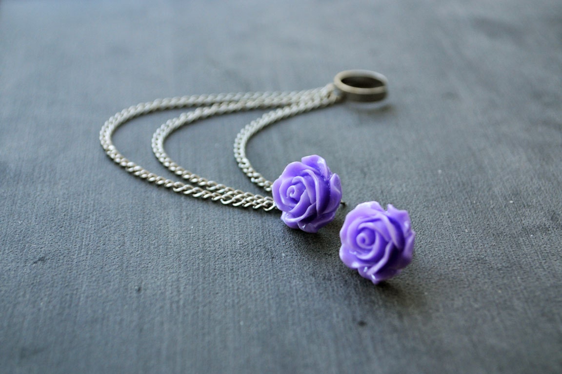 Purple Rose Bloom Silver Triple Chain Ear Cuff (Pair)
