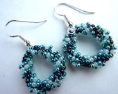 Seed Bead Woven Circle Earrings in Amethyst Iris, Teal, and Silver Czech Glass Seed Beads