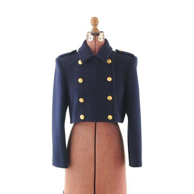 Vintage 1980's Perry Ellis Designer Military CROP Wool Jacket Blazer S