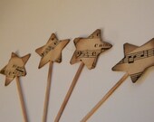 Vintage Musical stars- Set of 4 wooden picks - desserts, appetizers, kitchen, parties - Set of 4