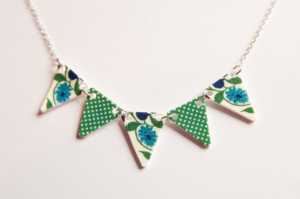 Bunting Necklace, Green Polka dot and floral.