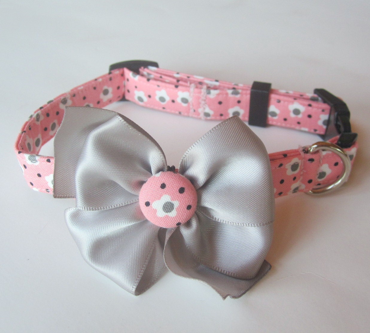 Sweet Baby Pink and Grey Flower Dog Collar size Small