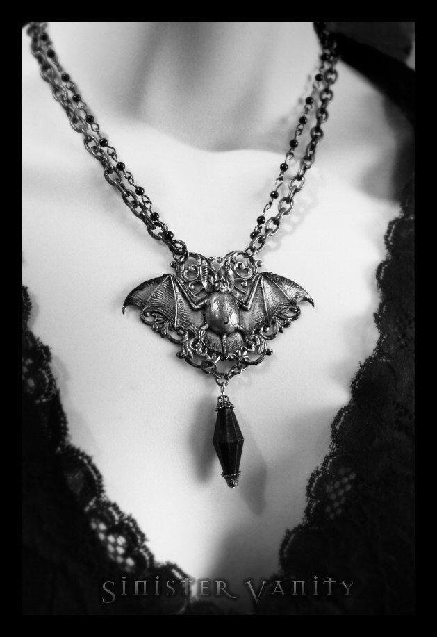 Gothic Necklace Bat Necklace Steampunk Antique Brass Filigree Bat Black Bead Chain Goth Jewelry Necklace