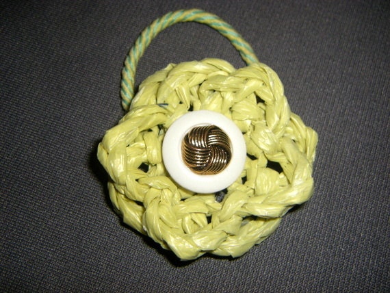 Chartreuse Plarn Flower Ponytail Holder with Vintage Button
