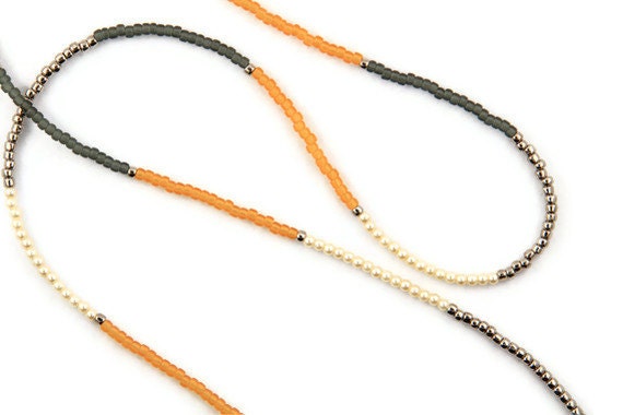 Yellow and Gray Long Color Block Necklace with Ivory Pearls