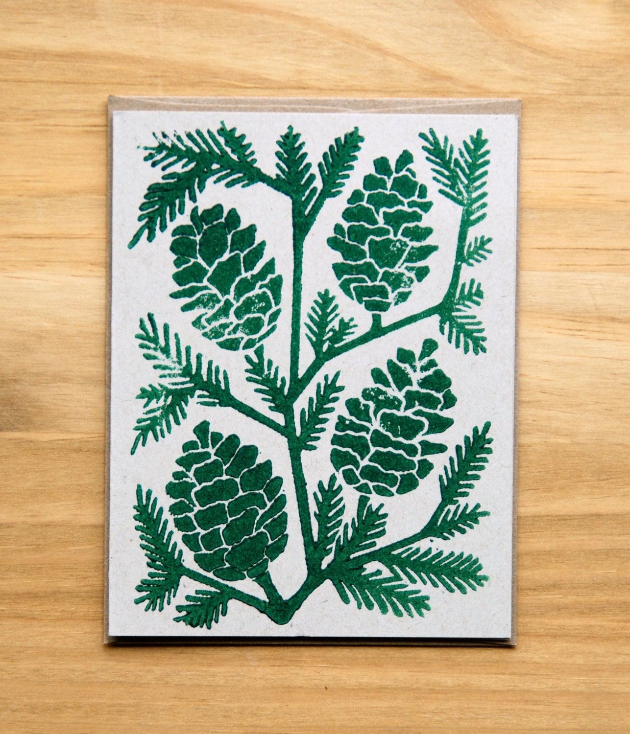 Single hand block printed Holiday card and envelope