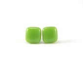 Square stud post earrings in peapod green, fused glass with surgical steel earring posts