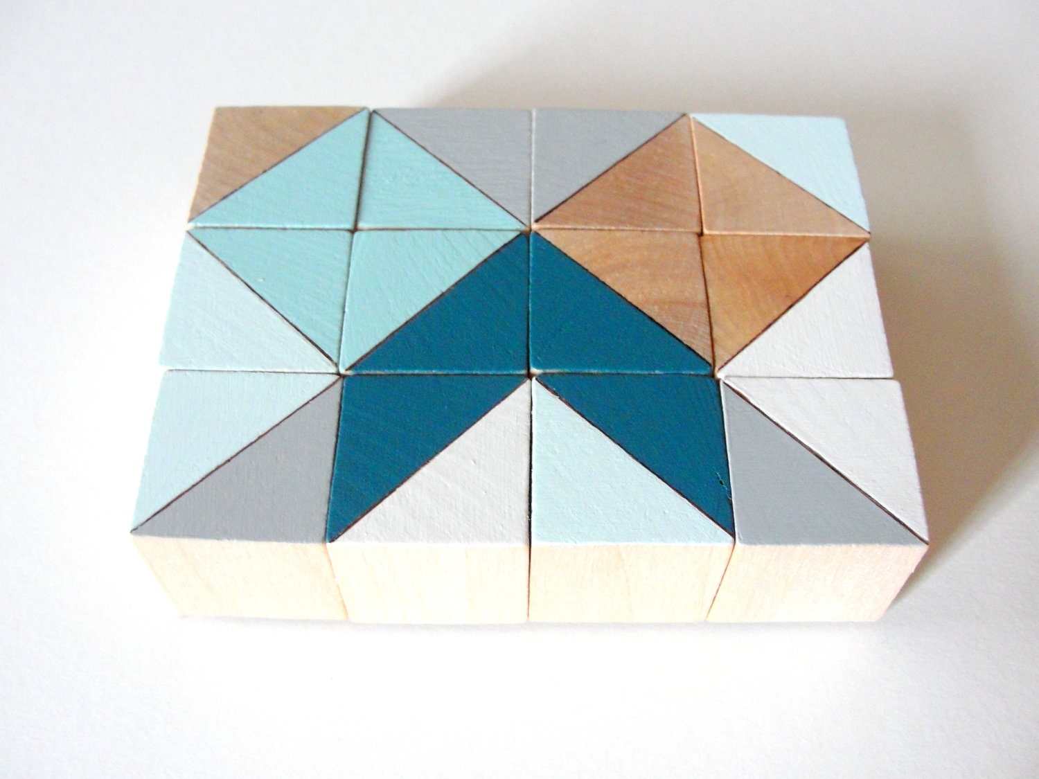 12 Color Block Magnets - Hand Painted Wood Blocks in COPENHAGEN SET (Teal, Aqua, Gray) - Geometric, Triangles, Color Block