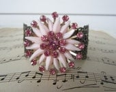 Bracelet - Pink Rhinestone Flower, Brass Filigree Cuff - repurposed upcycled assemblage
