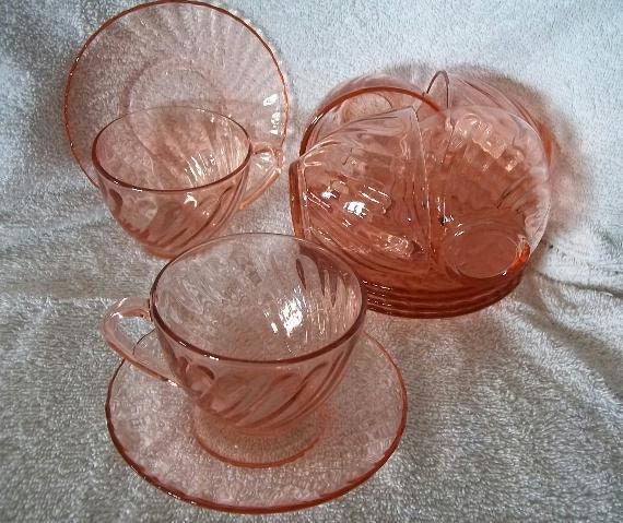 6 Sets Tea Cups/Saucers Pink Swirl Glass by Arcoroc of France